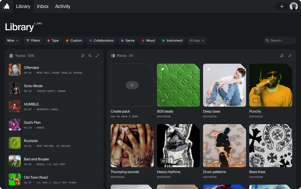 Offtop desktop library view showing synced music catalog